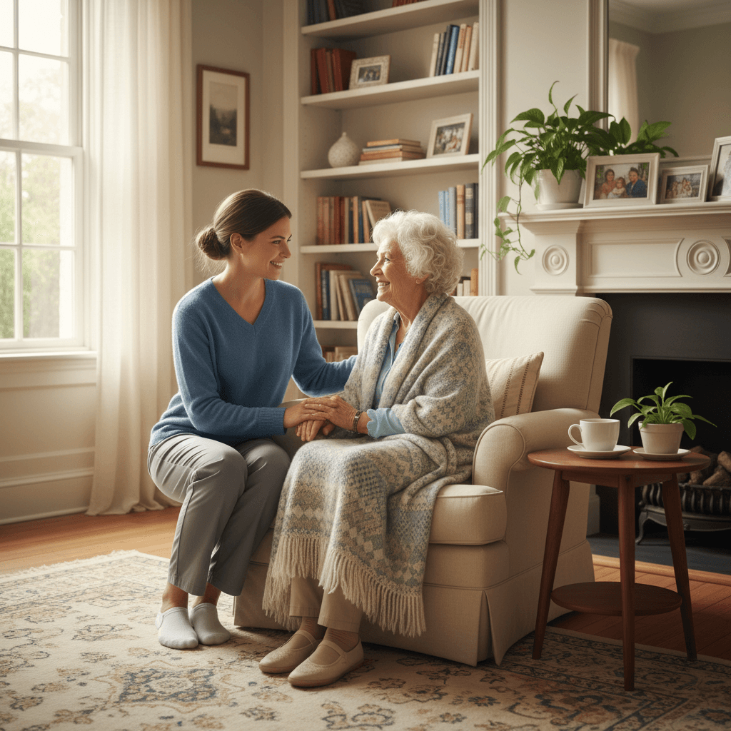 Caregiver helping senior woman in cozy living room natural light