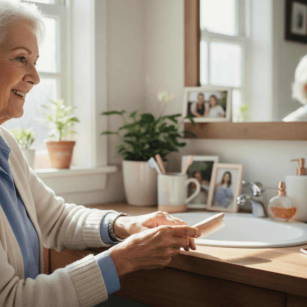 Caregiver gently supporting an elderly woman as they walk together inside a bright, warm living room.