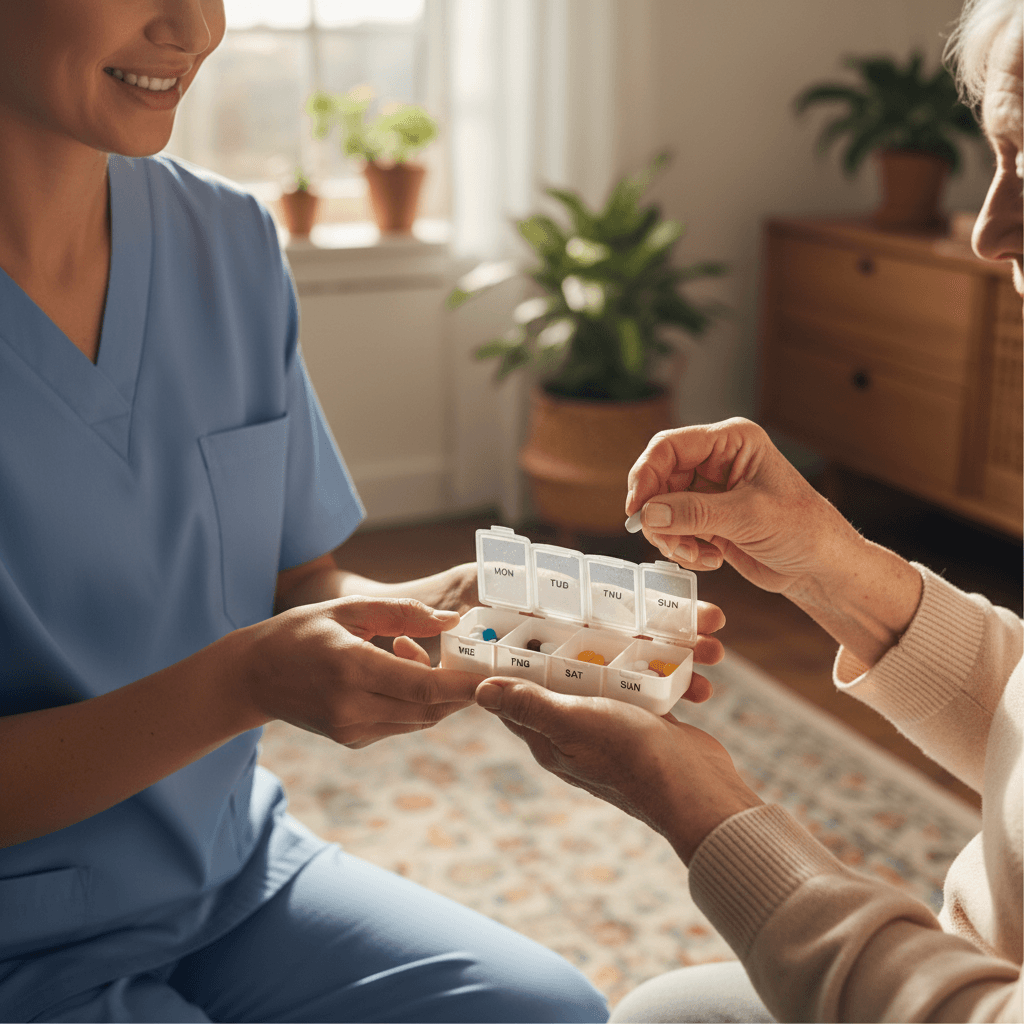 Professional female caregiver assisting a senior woman in a bright living room